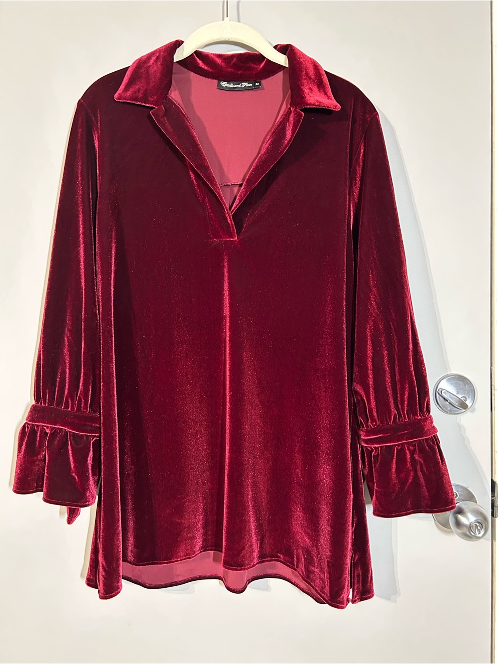Red Velvet V-Neck Tunic bow ruffle cuff- dark romantic Whimsigoth pirate RenFest
